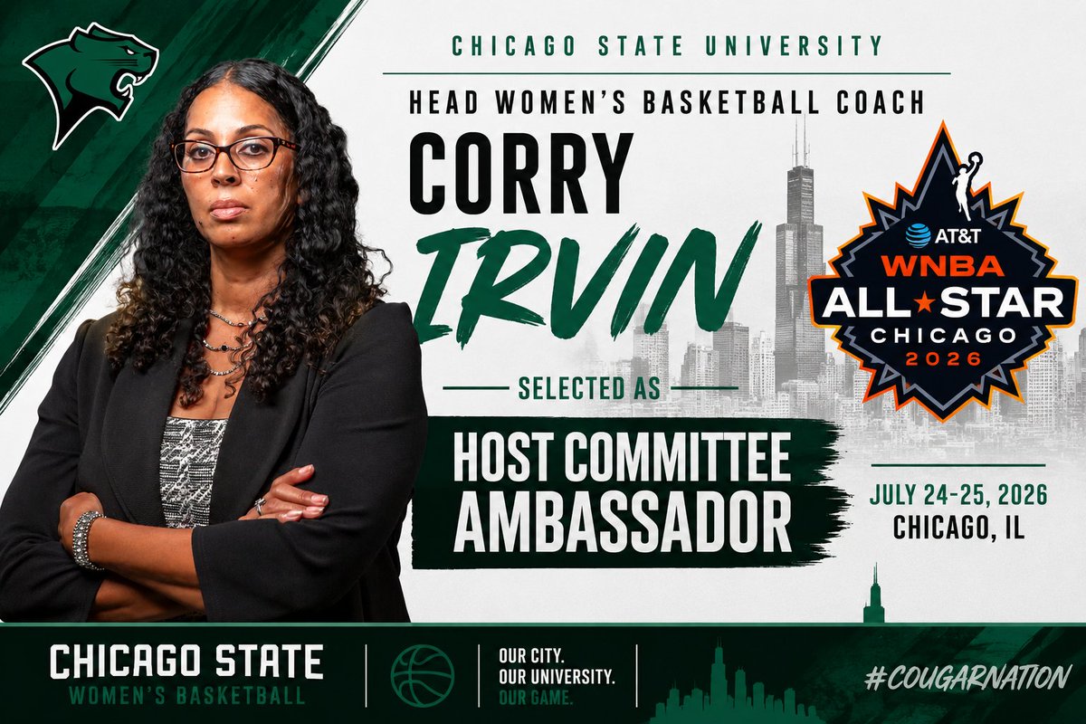 ChiStateCougars's tweet photo. 🏀 Congratulations to our own Corry Irvin!

Chicago State Head Women's Basketball Coach Corry Irvin has been selected as a Host Committee Ambassador for the AT&amp;T WNBA All-Star 2026 in Chicago!

📰 Read more: https://t.co/vMkAqQBtIC

#GoCougars #CSUWBB https://t.co/sbZ1iaVWQ8