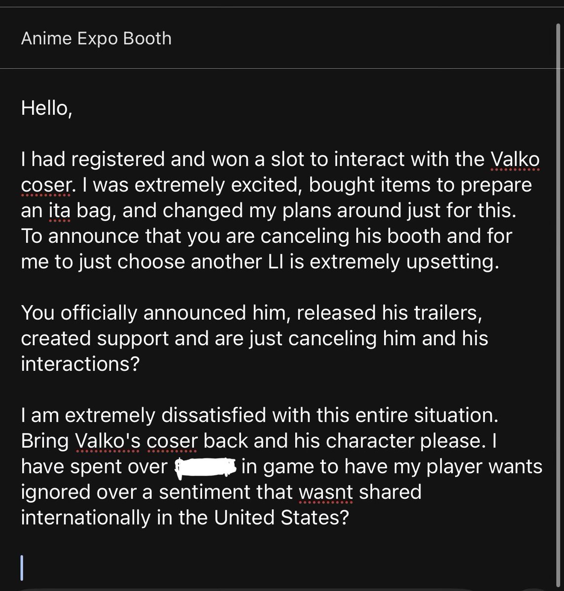 wolfiepips's tweet photo. TO ALL MY VALKO GIRLIES WHO WON AN INTERACTION FOR ANIME EXPO: IM EMAILING THEM THIS!!! EMAIL THEM AND FIGHT FOR OUR WOLFIE BACK! https://t.co/JVNqqfBkYE