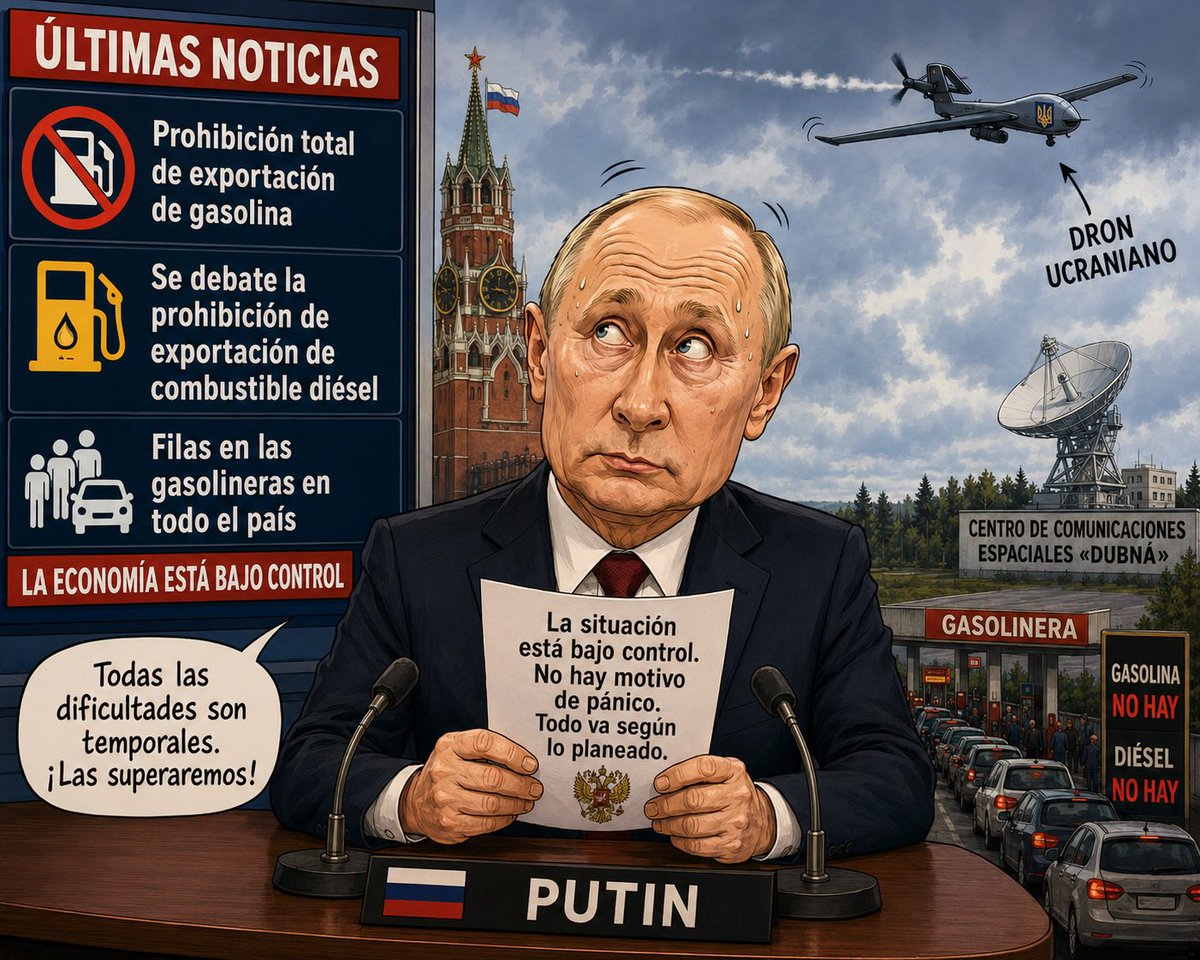 MexConUcrania's tweet photo. “No hay motivo de pánico. Todo va según lo planeado.”
- dice Putin, mientras prohíbe exportar gasolina, observa filas en las estaciones de servicio y no puede dejar de mirar al cielo cada vez que escucha un zumbido @conucrania @UKRinMEX @Cheetos256 https://t.co/XZAKWd18on