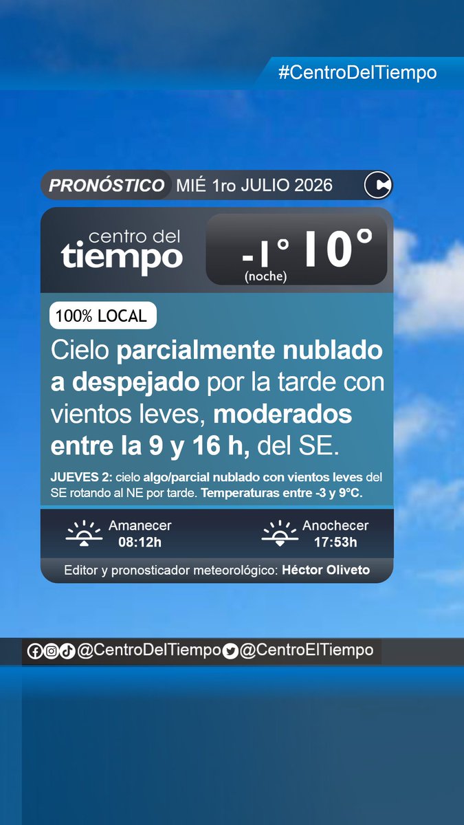 centroeltiempo's tweet photo. Nuestra previsión meteorológica 100% local para mañana miércoles 1ro de julio y un adelanto para el jueves 2 acá:
🕢Emisión 30/06/26 19:15 h.
⚠️Válido para el área triciudad de #Azul, #Olavarría y #Tandil en el centro de la #ProvinciaDeBsAs. https://t.co/d5VxFTkIuG