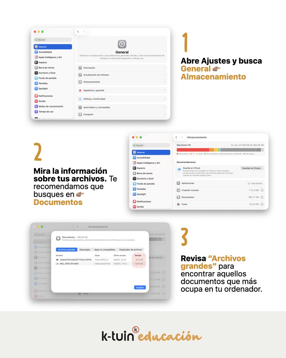 GoldenmacEDU's tweet photo. 🥵 ¿Tu Mac no puede más con el peso de todo el curso? ¡Dale un respiro antes de las vacaciones!

📌 Tip #2 final de curso: Ve a Ajustes > General > Almacenamiento y revisa los archivos grandes https://t.co/QxsjqaDGyn