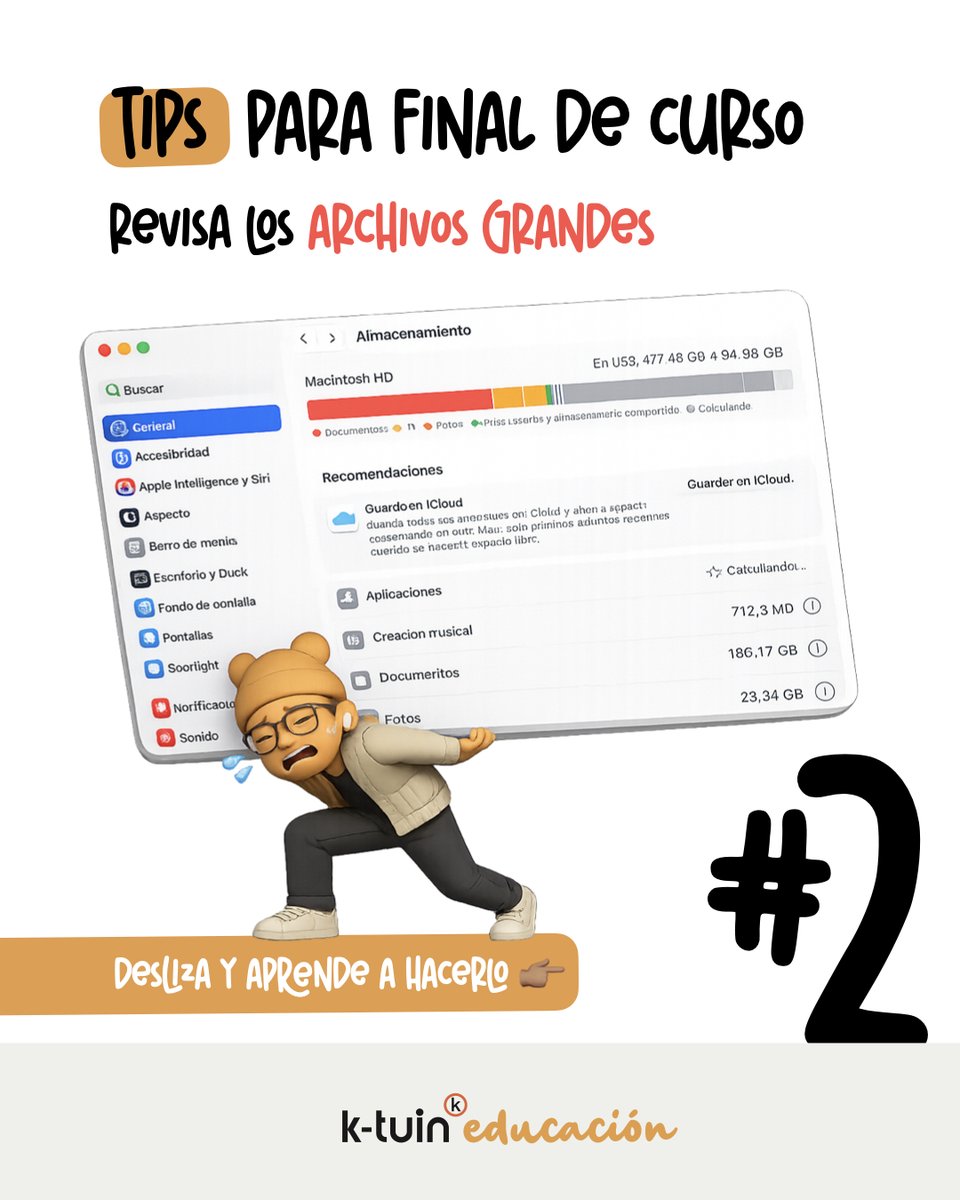 GoldenmacEDU's tweet photo. 🥵 ¿Tu Mac no puede más con el peso de todo el curso? ¡Dale un respiro antes de las vacaciones!

📌 Tip #2 final de curso: Ve a Ajustes > General > Almacenamiento y revisa los archivos grandes https://t.co/QxsjqaDGyn