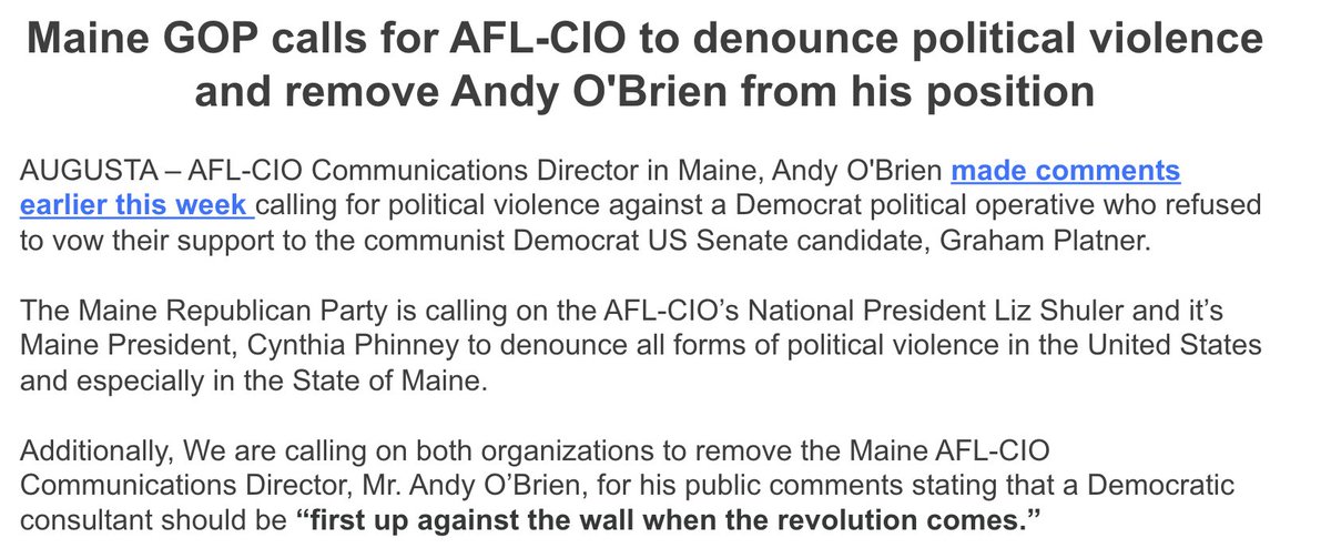 mainegop's tweet photo. "Graham Platner is known for his aggressive, intolerant, and disgusting political rhetoric. The openly extreme leftist O'Brien is calling for violence against anyone who DOES NOT agree with Platner's out-of-control behavior .This just goes to show what the true attitudes of the Democrat party and Graham Platner's supporters are, which is power-hungry, violent, and unhinged."

- Jim Deyermond