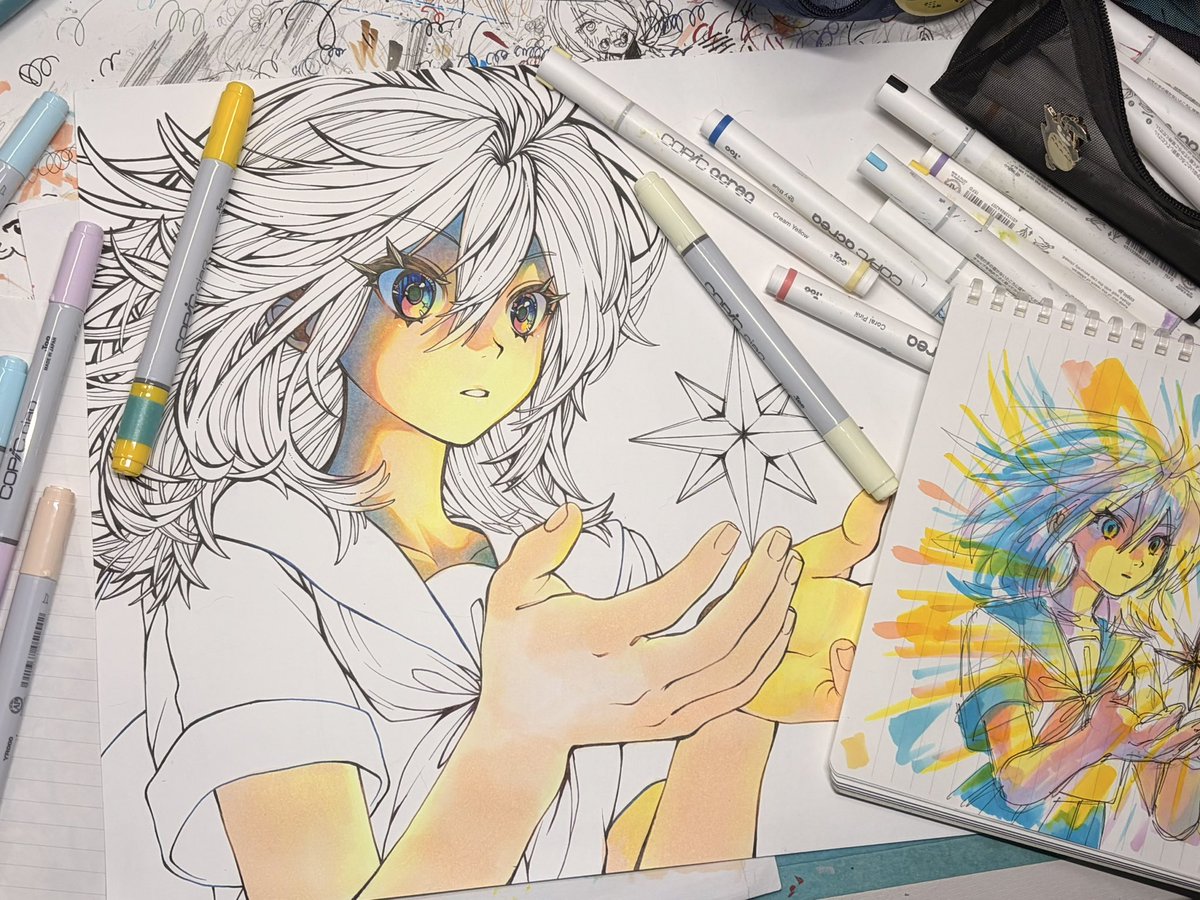 soraO127's tweet photo. 今回描いたイラストがあまりにも｢AIっぽい｣とのご意見が多かったのですが、ちゃんと下書きや線画、色塗りの途中経過なども投稿して居ますのでそちらを見て、ご納得頂けると幸いです。
後は私の塗りの特徴として濃い色やパキッとした色を使う事が多いのでAIと勘違いされたのかと思います。 https://t.co/d3A5nhM19B