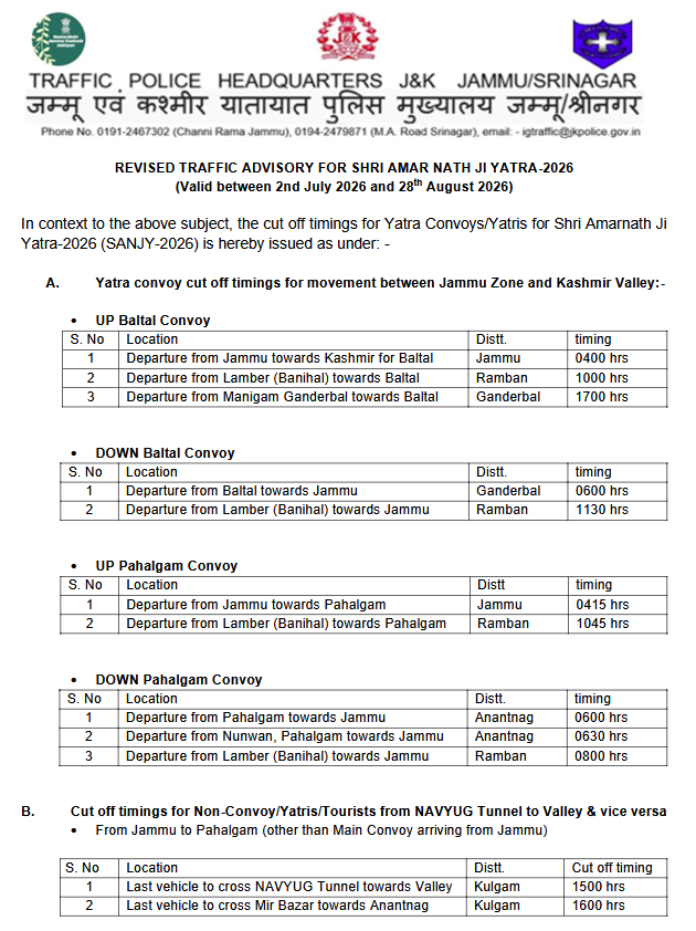 Traffic_hqrs's tweet photo. REVISED TRAFFIC ADVISORY FOR SHRI AMAR NATH JI YATRA-2026
@JmuKmrPolice
@JKTransportDept
@OfficeOfLGJandK
@Divcomjammu
@DivComKash
@ZPHQJammu
@igp_jammu
@diprjk
@ddnews_jammu
@ddnewsSrinagar
@ddnewsladakh https://t.co/PzEh3sHUvu