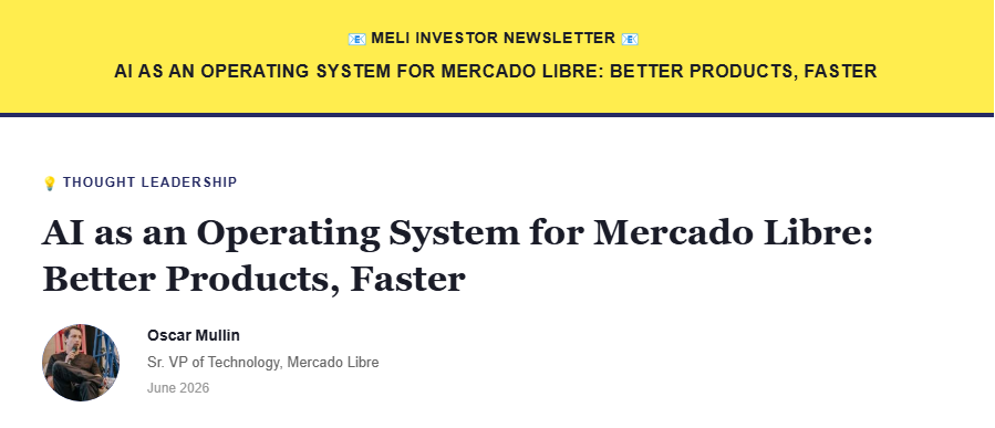 eldaminato's tweet photo. El VP & CMO de Mercado LIbre $MELI acaba de publicar algunas reflexiones interesantes sobre la IA como Sistema operativo de la compañía:

▪️Evolución explosiva de la productividad en 2025-2026
- Mercado Libre tiene la mayor operación tecnológica de Latam (+40 mil aplicaciones, +20 mil desarrolladores).
- El 40% del código desplegado en producción en 2025 fue escrito por IA y revisado por humanos.
-En 2026 el código escrito por humanos es la excepción.
-Agentes autónomos.

▪️La IA ya está totalmente integrada en el negocio
- Maxwell (por el personaje Maxwell Smart) es la Plataforma interna que lanza agentes de atención para usuarios de Mercado Pago, anunciantes y vendedores.
- Plataforma propia que genera imágenes y videos para mejorar el listado de productos y contenido en redes.
- Reemplazaron contratos con empresas de SaaS de millones de dólares con agentes internos (atento $GLOB y $ACN)
- Costo por token bajando.

▪️Próxima fase
- Expansión de infraestructura propia para reeducir dependencia de proveedores externos.
- Agentes en equipos coordinados que dividen trabajos complejos sin supervisión humana permanente.
- Crecimiento directo del negocio: hiper personalización, mejor contenido generado, búsqueda inteligente, recomendaciones mas precisas => mayor conversión.

En resumen, la IA no sólo está aumentando la productividad en forma estructural sinó que se convirtió en el nuevo sistema operativo de la compañía que le permitió construir productos mejores y mucho mas rápido que antes.