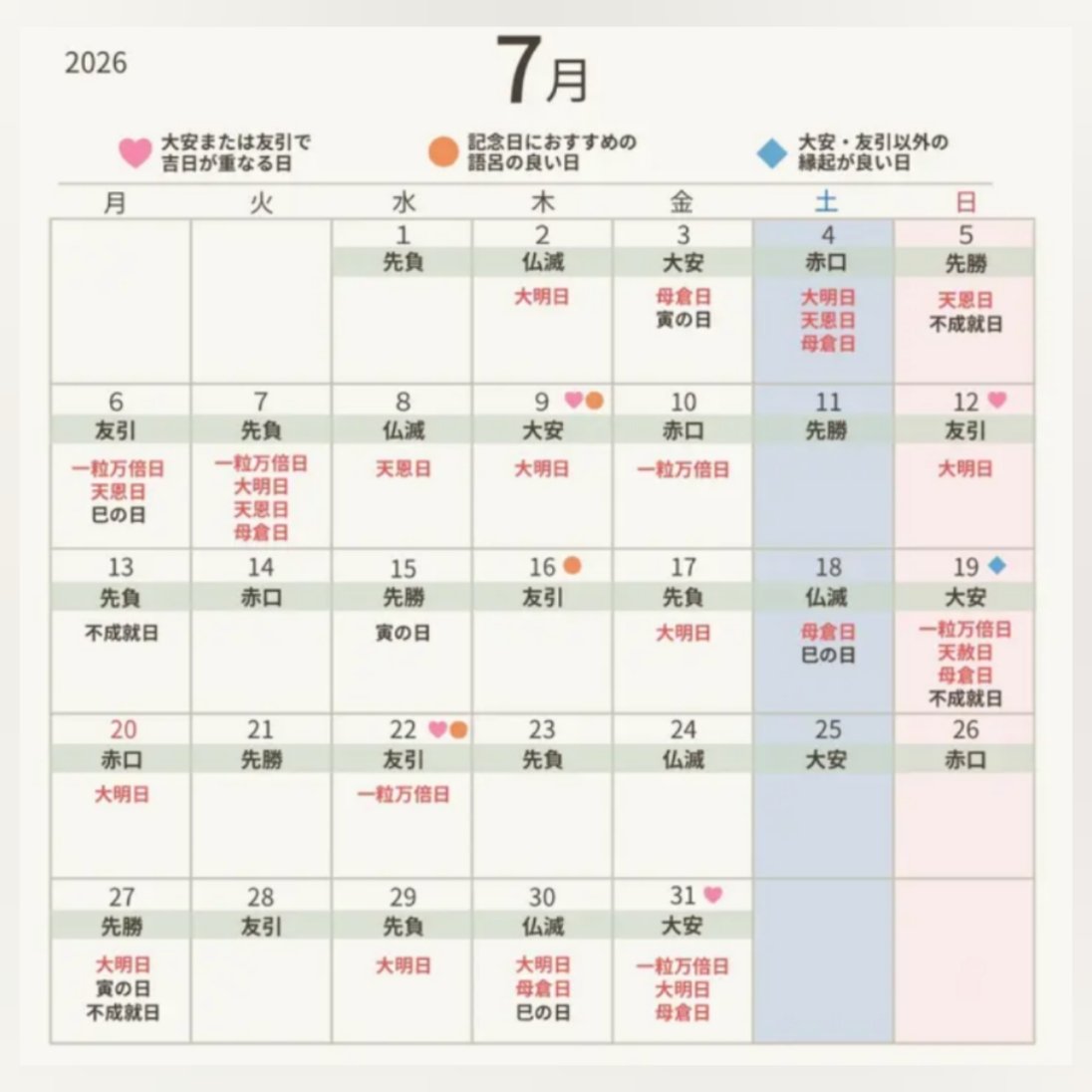 タイアン吉日ページ 文月は何処へ 7月の吉日は、大安と一