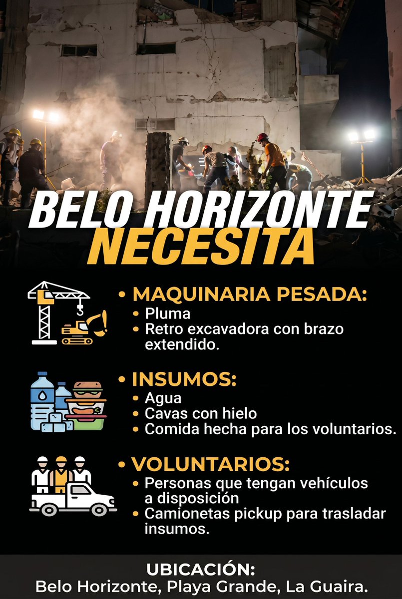 ENTRAconsulting's tweet photo. BELO HORIZONTE NECESITA:
MAQUINARIA PESADA:
Pluma
Retro excavadora con brazo extendido.
INSUMOS:
Agua
Cavas con hielo
Comida hecha
VOLUNTARIOS:
Personas que tengan vehículos a disposición
Camionetas pickup para trasladar insumos.
UBICACIÓN:
Belo Horizonte, Playa Grande, La Guaira https://t.co/vQeRQ6CcPa