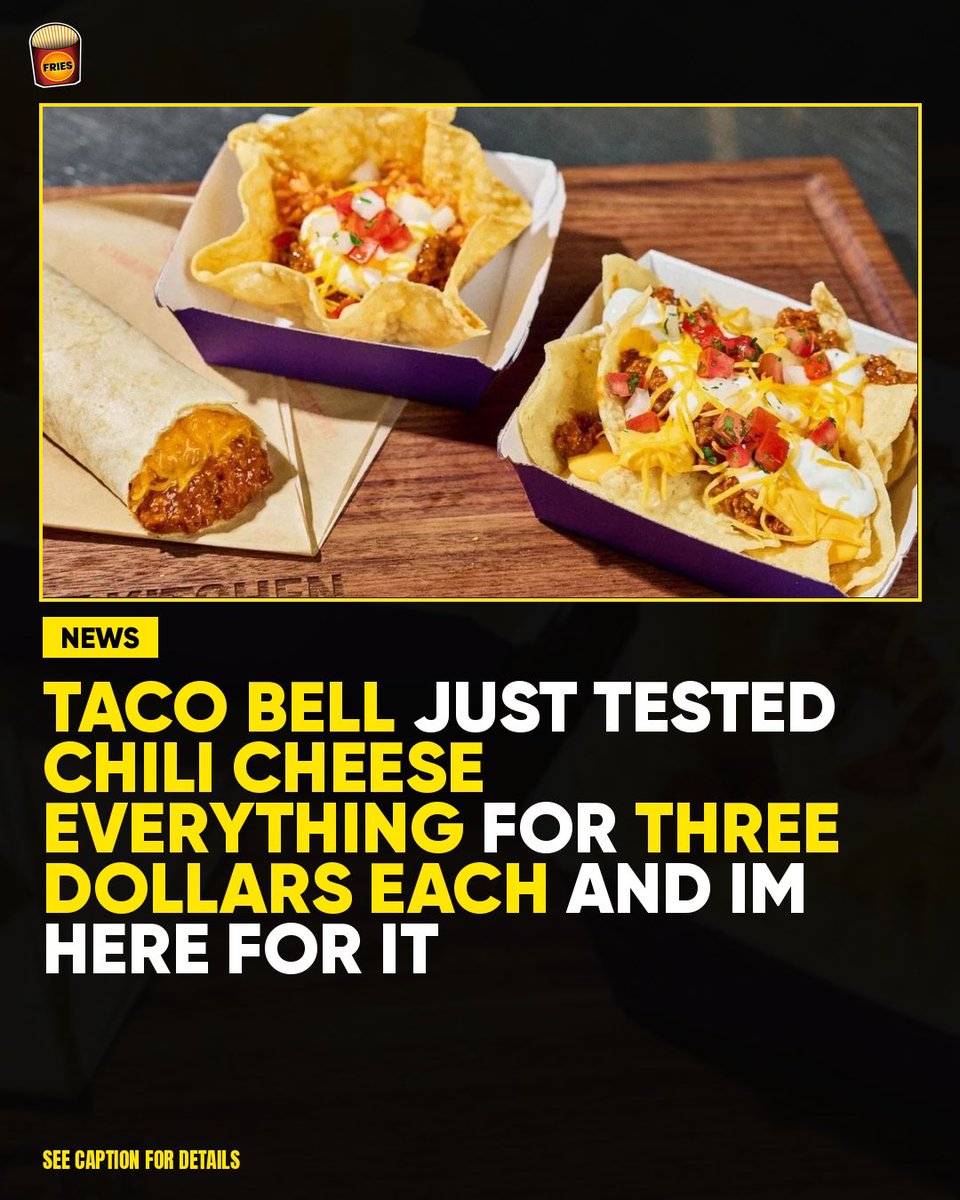 xmakemefries's tweet photo. Taco Bell tests $3 Chili Cheese Menu in Louisville, KY.

🌶 Mini Chili Cheese Bowl
🌯 Chili Cheese Burrito
🧀 Chili Cheese Nachos

All $3. Would you try these value items?

#TacoBell #ValueMenu #FastFoodDeals

📸 Taco Bell https://t.co/Ng02D1aTat