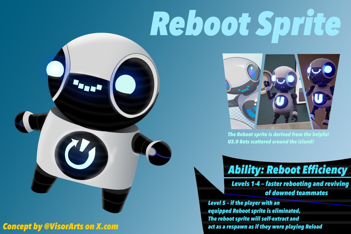 VisorArts's tweet photo. My #Fortnite #DesignASprite entry: The Reboot Sprite!

Levels 1-4: reboots and revives are faster, with it taking less time to do said actions per level up.

Level 5: The Reboot sprite now additionally grants a one-time self reboot (like Reload), and auto-extracts on reboot! https://t.co/2i81MDUJr3