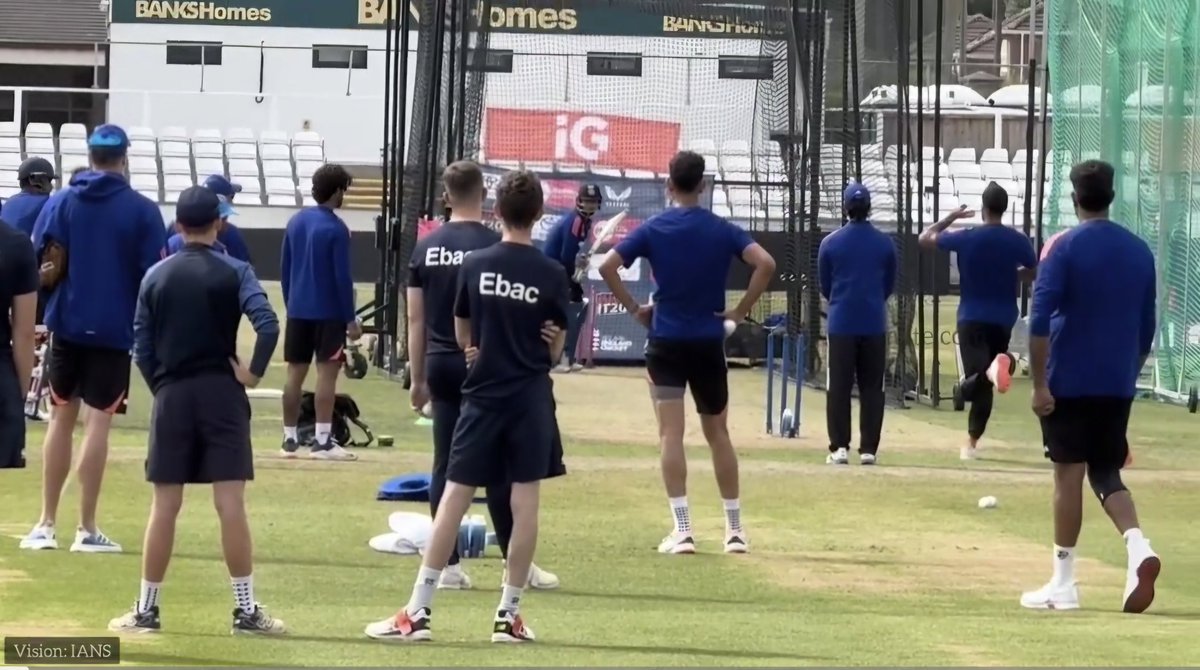 Cric_Beyond_Ent's tweet photo. It seems like the entire Indian support staff is there to watch Vaibhav Sooryavanshi bat in the nets! Extra net bowlers involved as well, and Abhishek, who has been with him like a shadow at batting practice, decided to Umpire and watch him bat from the best place possible 😂 https://t.co/pZrrVze312