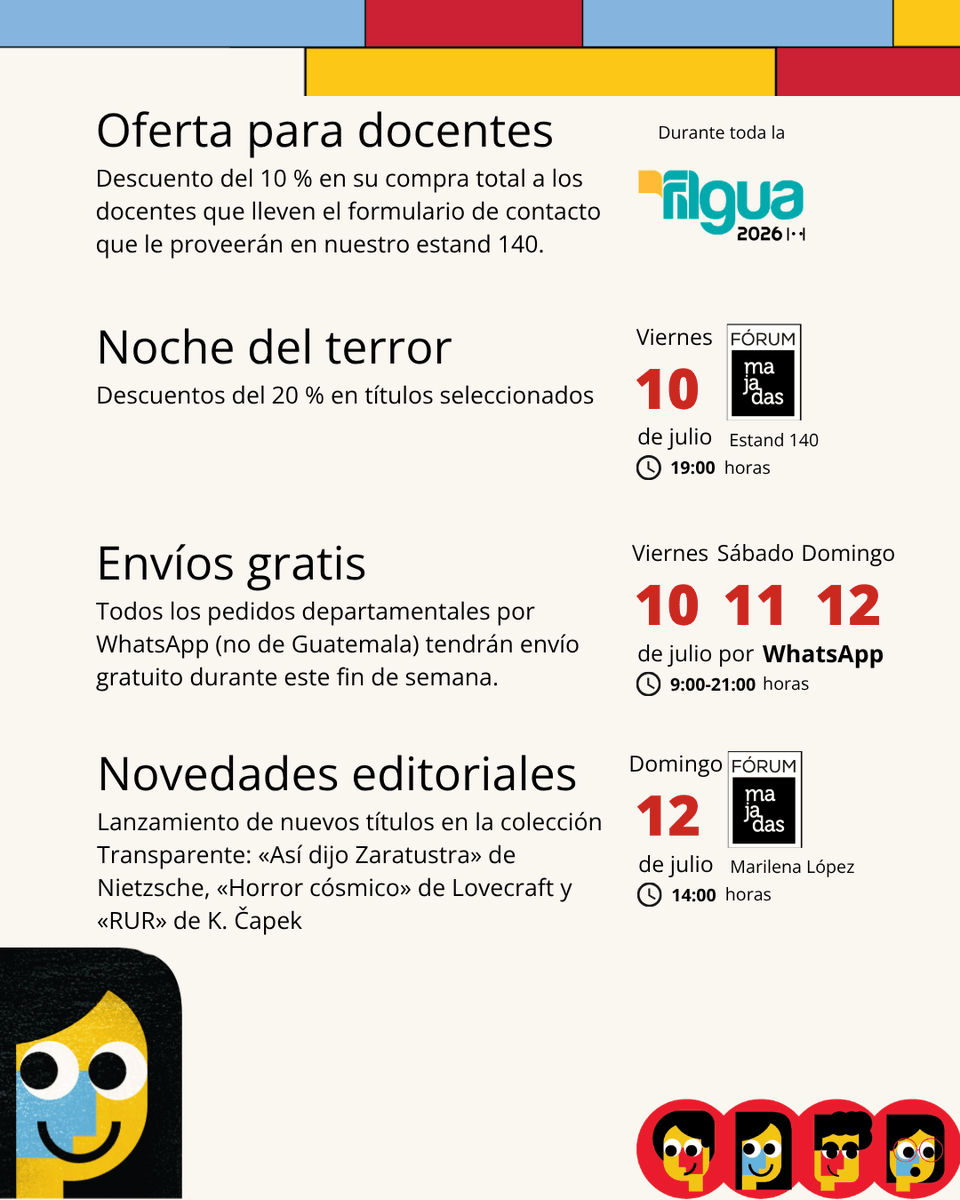 cazamah's tweet photo. ¡La fiesta del libro ya llegó!
📚✨ Del 7 al 19 de junio, te esperamos en el estand 140 de #CazamAh en #FILGUA2026 (Fórum Majadas).
Revisa el programa y agenda:
💥 Ofertas y descuentos especiales
🖋️ Firma de libros con autores
🚀 Presentación de novedades
¡Ven a @FILGuatemala!🇬🇹 https://t.co/bMycxKqvdH