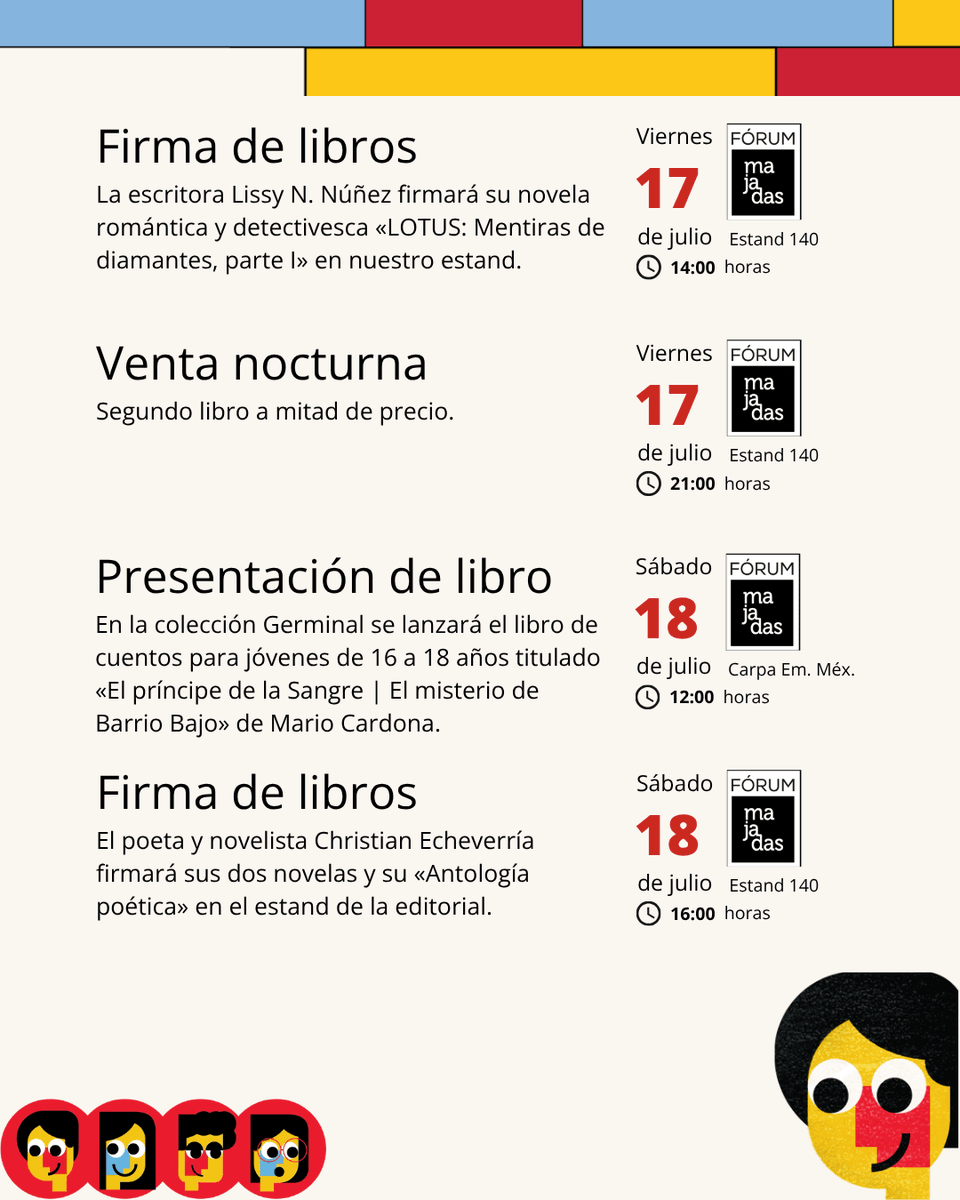 cazamah's tweet photo. ¡La fiesta del libro ya llegó!
📚✨ Del 7 al 19 de junio, te esperamos en el estand 140 de #CazamAh en #FILGUA2026 (Fórum Majadas).
Revisa el programa y agenda:
💥 Ofertas y descuentos especiales
🖋️ Firma de libros con autores
🚀 Presentación de novedades
¡Ven a @FILGuatemala!🇬🇹 https://t.co/bMycxKqvdH