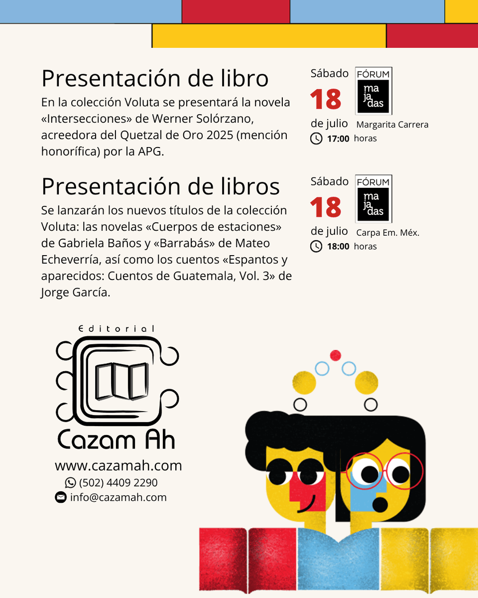 cazamah's tweet photo. ¡La fiesta del libro ya llegó!
📚✨ Del 7 al 19 de junio, te esperamos en el estand 140 de #CazamAh en #FILGUA2026 (Fórum Majadas).
Revisa el programa y agenda:
💥 Ofertas y descuentos especiales
🖋️ Firma de libros con autores
🚀 Presentación de novedades
¡Ven a @FILGuatemala!🇬🇹 https://t.co/bMycxKqvdH