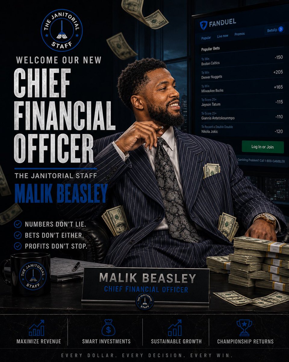 NKYJanitors's tweet photo. Everyone please welcome our new CFO, Malik Beasley! Malik has a vast experience in the financial game, and is going to bring all of that here to the Staff this season. People talk, but the money don’t lie. Welcome Malik! #TheStandardIsClean https://t.co/6dY9qpvI1l
