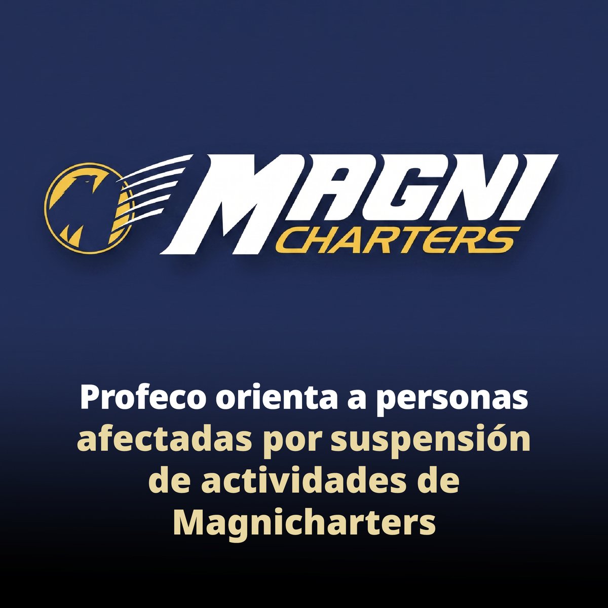Profeco's tweet photo. Profeco orienta a personas afectadas por Magnicharters

Si compraste paquetes o vuelos con Magnicharters y fuiste afectado por la suspensión de sus actividades, Profeco te orienta para que puedas hacer valer tus derechos por la vía mercantil o penal.

Se han recibido 491 quejas y puedes acudir a instancias correspondientes para solicitar el reembolso de servicios no prestados.

Más información: https://t.co/0z6rYeWcpk