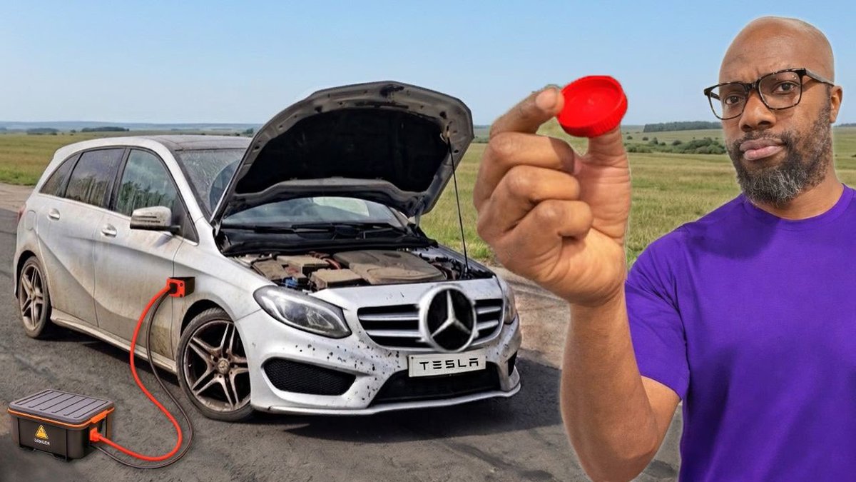 V1per_Gfx's tweet photo. Day 4 of Consecutive Thumbnail Re-Design Challenge 
This time it’s for @richiebkidb

Title: Mercedes Wanted $20000 to fix this Tesla Powered EV i used a bottle cap

The original thumbnail already had a good idea, but it didn’t immediately sell the story https://t.co/j8Q4QJfr43