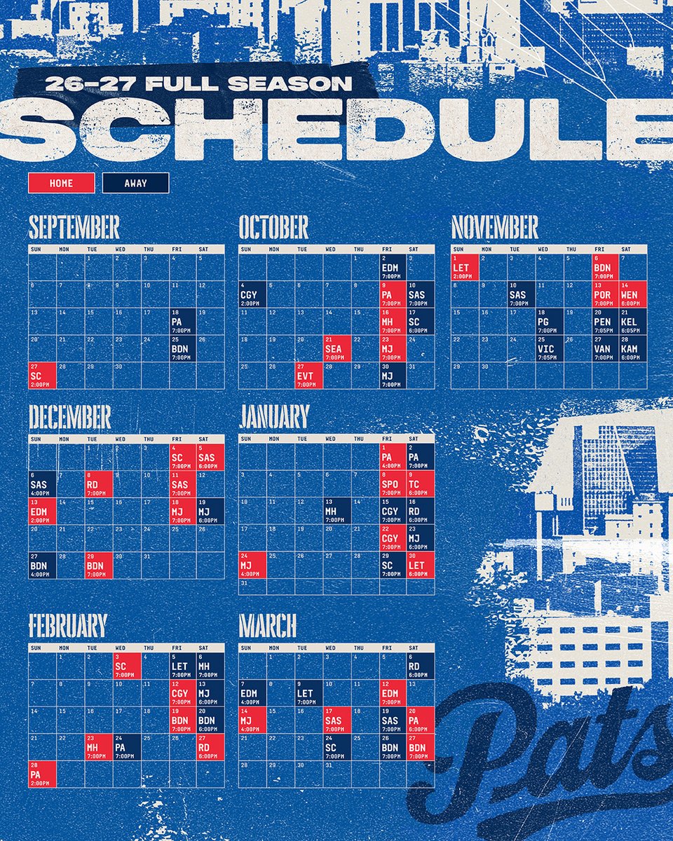 WHLPats's tweet photo. Save the dates, Pats fans 👊

Here's your 2026-27 Regina Pats full season and home schedule‼️

#BlueRunsDeep | #ReginaPatsHockey https://t.co/Za5SFQ4D47