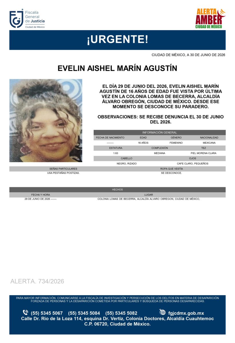 AAmberCDMX's tweet photo. Se activa #AlertaAmber para localizar a Evelin Aishel Marín Agustín, de 16 años, vista por última vez el pasado 29 de junio, en la colonia Lomas de Becerra, alcaldía Álvaro Obregón. https://t.co/2M5Fk5BeSt