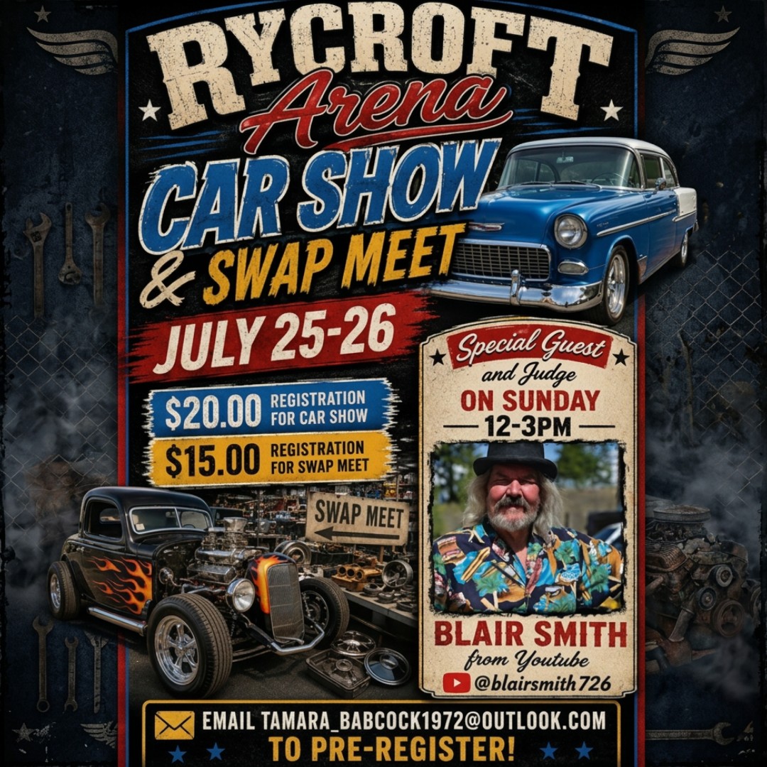 saddlehillsab's tweet photo. Start your engines! The Rycroft Arena Car Show & Swap Meet is rolling in July 25-26!
Show off your wheels, hunt for rare parts, and meet YouTube’s Blair Smith and special guest judge on Sunday!
Register today and be part of the action! 🚙💨
#CarShow #SwapMeet #RycroftEvents https://t.co/f9aECpUqMR