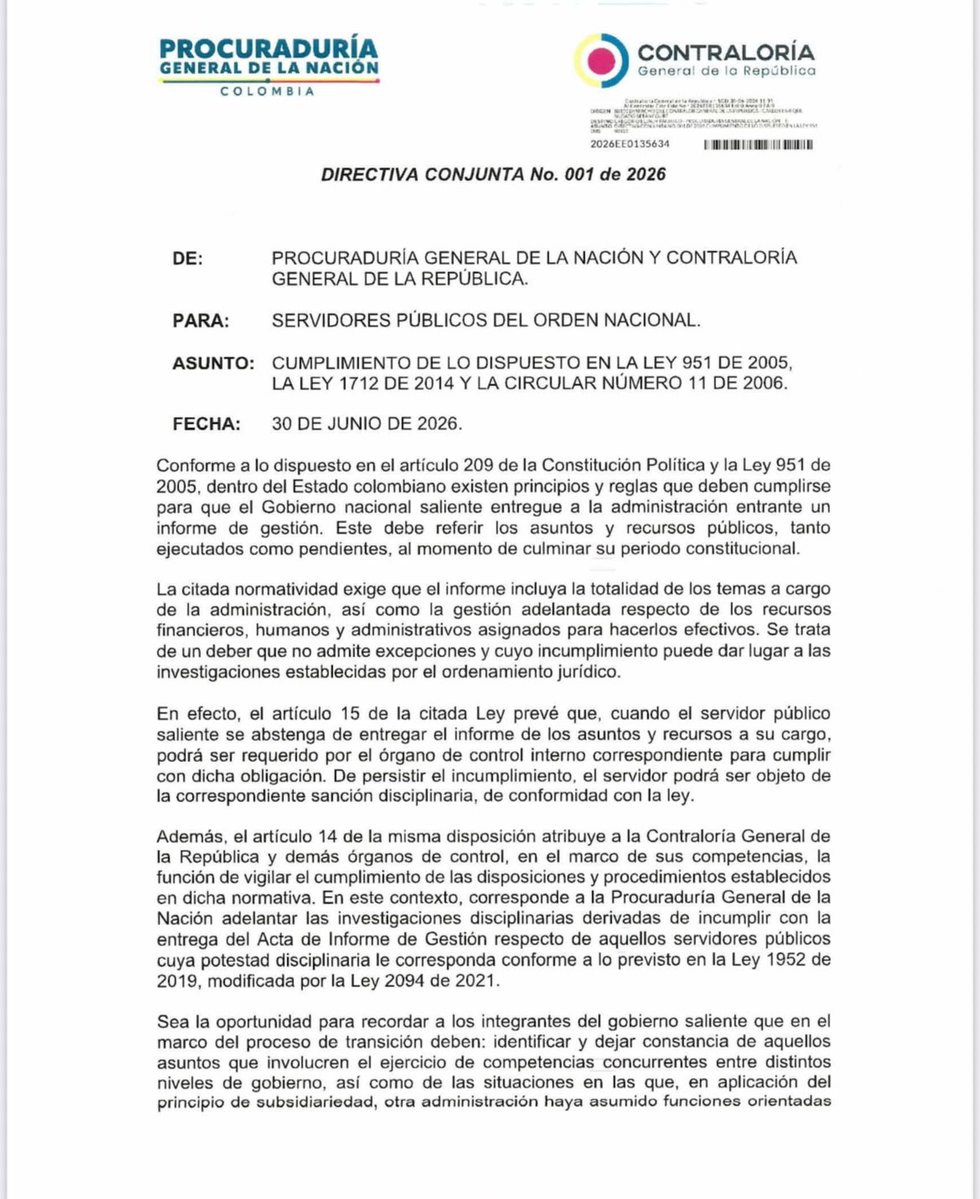 UltimaHoraCR's tweet photo. #Actualidad | La @PGN_COL y la @CGR_Colombia emitieron una directriz en la que advierten al Gobierno Nacional que debe entregar un informe de gestión con información detallada sobre asuntos y recursos públicos ejecutados y pendientes al cierre del periodo.

Frente a la contratación, el documento señala que deben estar publicados en el SECOP todos los contratos suscritos, ejecutados, liquidados y en curso. Además, la administración entrante debe recibir información clara y actualizada sobre contratos próximos a vencer, procesos en trámite y aquellos con dificultades de ejecución, incumplimientos o sanciones en curso.

Vía: @JuanQuinteroP_
https://t.co/woHMRjVE2M