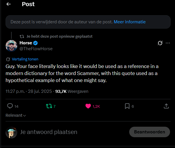 AnyDaySpace's tweet photo. @Schoen_xyz @Banks When @banks deleted his own post LOL sadsoiboi.
Fucking lame ass donkey. https://t.co/KNGaquZB9K