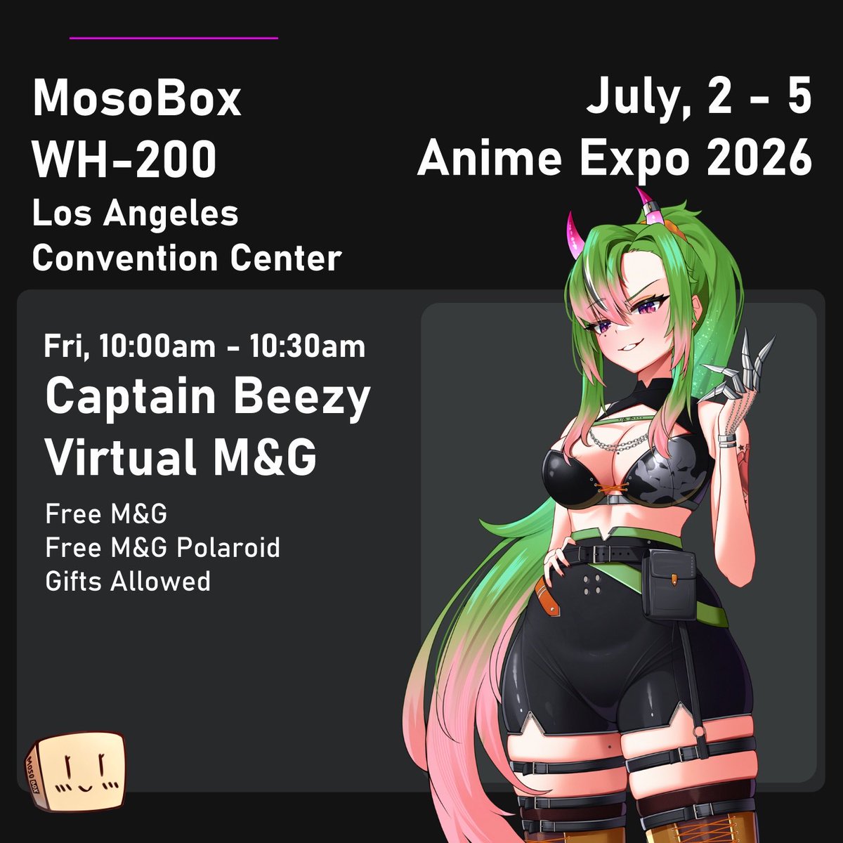 CaptainBeezy's tweet photo. Don’t forget Anime Expo goers I’ll be all up in California July 3. Come say hello at 10am you even get free cheki 💚 thank you again to @MosoBox you can see their full schedule as well and there’s plenty of amazing vtubers to see! Can’t wait to say hi soon everyone! https://t.co/FadZDNlFUK