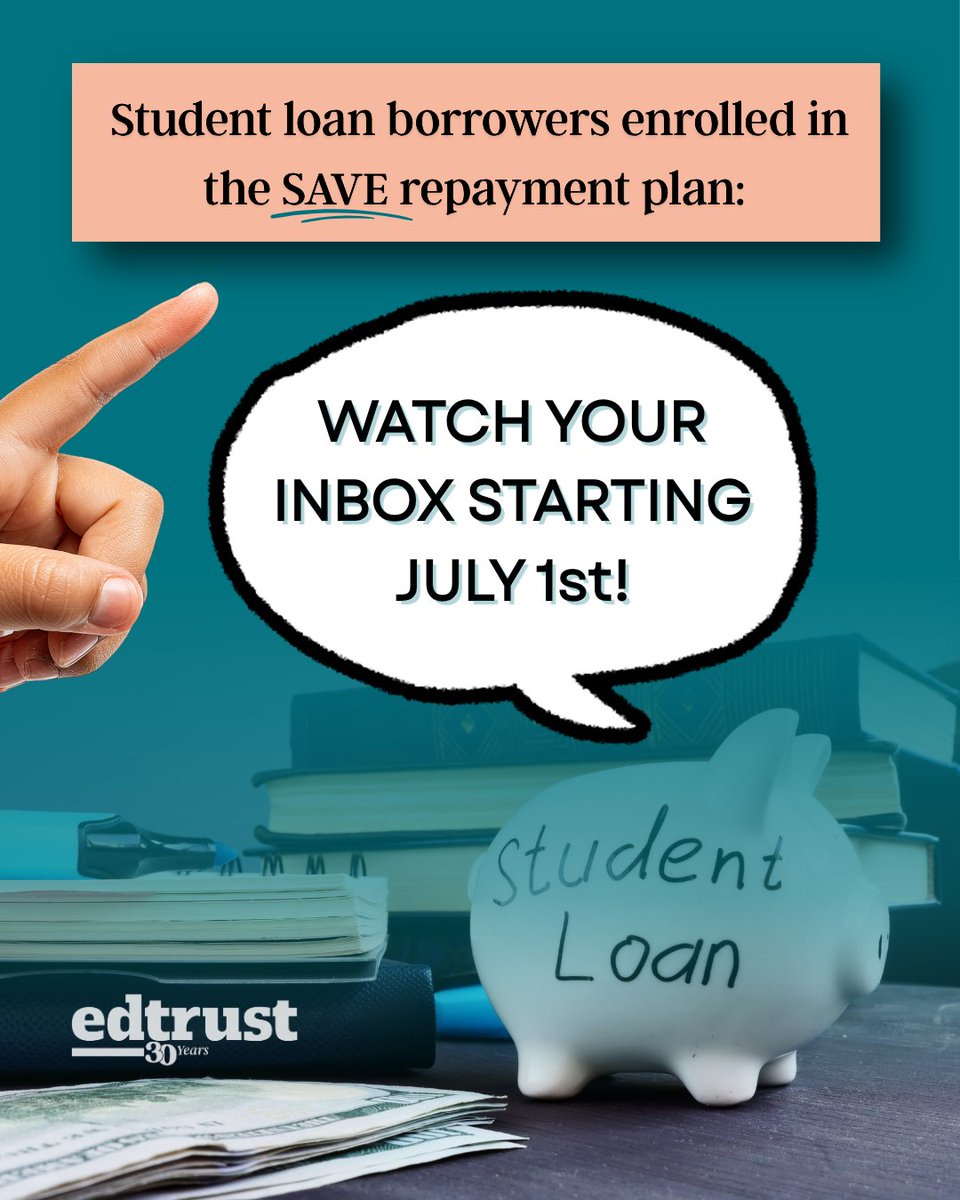 EdTrust's tweet photo. SAVE is ending. Starting July 1, borrowers enrolled in SAVE have 90 days to choose a new repayment plan, or they'll be placed in a standard plan with higher monthly payments. Watch for official notices from your servicer.[https://t.co/A6FgNSIDQJ]
#StudentLoans #HigherEd #SAVEPlan https://t.co/xCVjOh0fuc