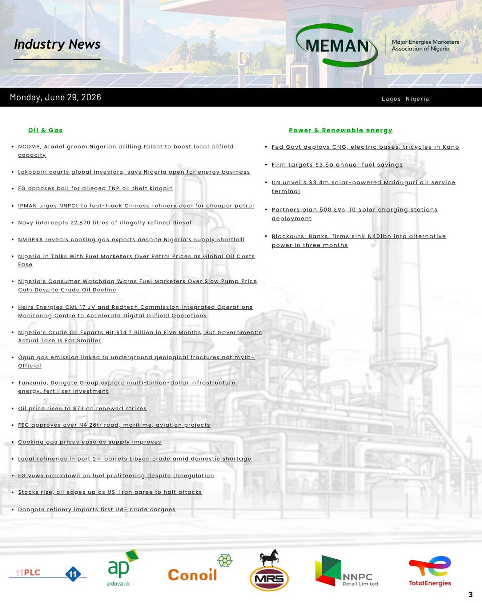 meman_info's tweet photo. June 29, 2026 — MEMAN Competency Centre Energy Bulletin: Import parity & gantry PMS, AGO and ATK prices, international crude indicators, and critical market headlines.
Read full industry news: https://t.co/Yd3kWKWDcf
#CompetencyCentreBulletin
#MEMAN https://t.co/RRNJlGRs5A