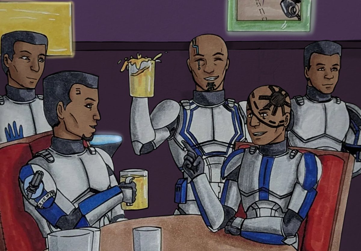 Cyber54prime's tweet photo. #SummerofClones2026 week 5 theme: 501st Week, prompt: A night at 79's
I ended up drawing #Fives, #Echo, #Hardcase, #Jesse and in the back, #Denal.
I didnt draw Kix, due to the fact I draw him for the alternative Prompt.
#starwars #clonetrooper #SummerofClones https://t.co/GM4m5Ux7fQ