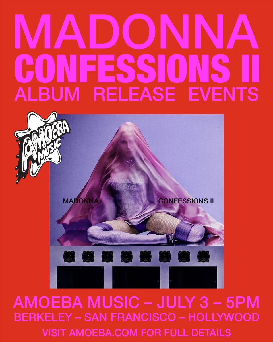 amoebamusic's tweet photo. We're celebrating @Madonna's "CONFESSIONS II" at all three Amoeba stores this Friday, July 3rd at 5pm!

Come #ListenTogether, take a photo with a Madonna backdrop, get a free poster or button (while they last), and win prizes!

Info: https://t.co/QriWmJBjk9

#ListenToMadonna https://t.co/MEmQ5wb2ii
