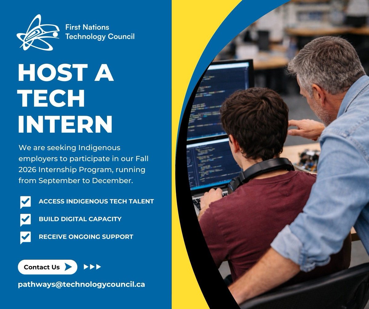 FN_TechCouncil's tweet photo. PLEASE SHARE →
 
Across BC, Nations and organizations are building new technology skills and opportunities. We are inviting Indigenous businesses, organizations, and employers to host a Fall 2026 intern (September to December).

🔗 https://t.co/7QuDDQxv3p https://t.co/s7ftwqi7h0
