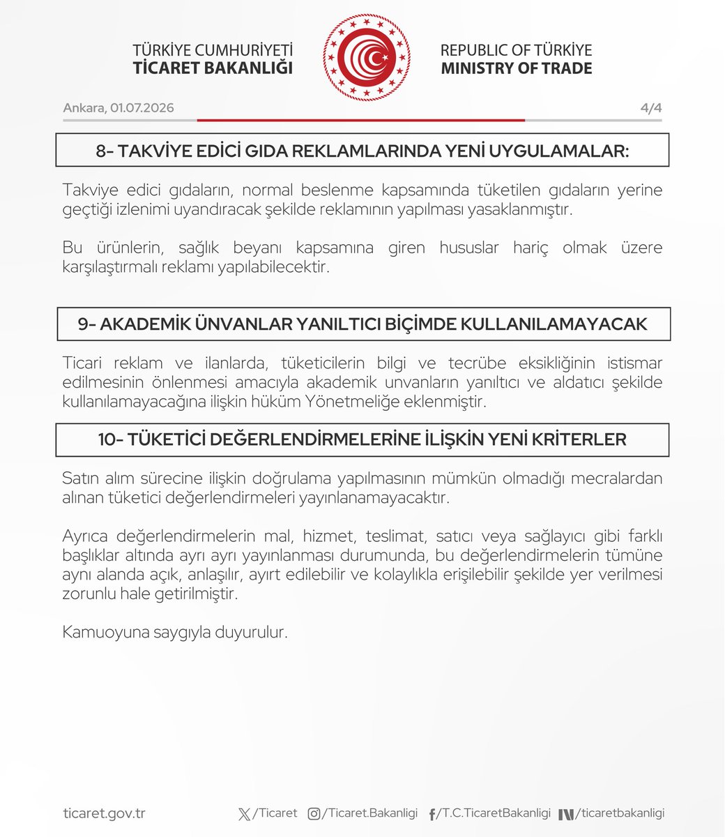 ticaret's tweet photo. Ticaret Bakanlığı tarafından, Ticari Reklam ve Haksız Ticari Uygulamalar Yönetmeliğinde yapılan değişikliklerle, tüketicilerin aldatıcı reklam ve ticari uygulamalara karşı korunması güçlendiriliyor.

(01.07.2026) https://t.co/cPLHyma1ge