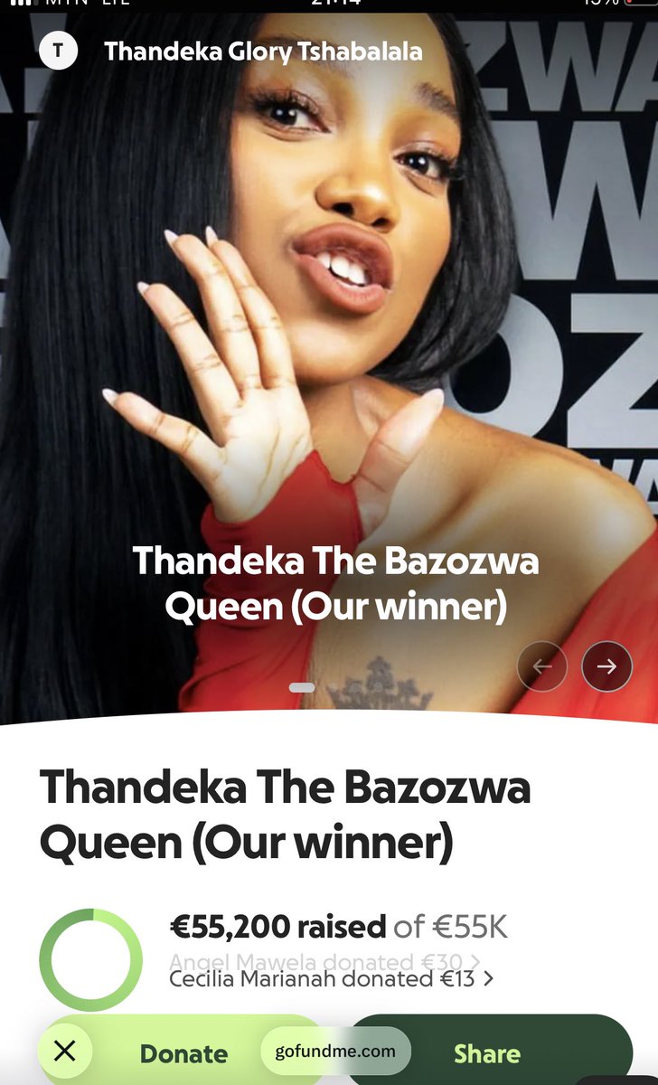 MamSwaziIsMyFav's tweet photo. The 1st African reality show Ex-Hm whose gofundme has reached the target and even exceeded it 

The message is defeating 

Thandeka Tshabalala was the rightful winner of her season 

The One who carried her season

The Queen of Bazozwa just got her rightful winnings from the fans https://t.co/acfTGrqSIV