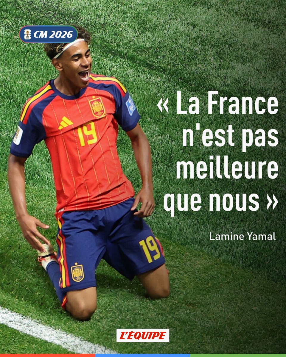 lequipe's tweet photo. Lamine Yamal a assuré à la radio espagnole qu'aucune équipe n'était au-dessus des autres dans cette Coupe du monde, rappelant que la France n'avait pas battu l'Espagne lors de l'Euro 2024.  > https://t.co/lHYBn4NZD1 https://t.co/Ce6TcH18Pz