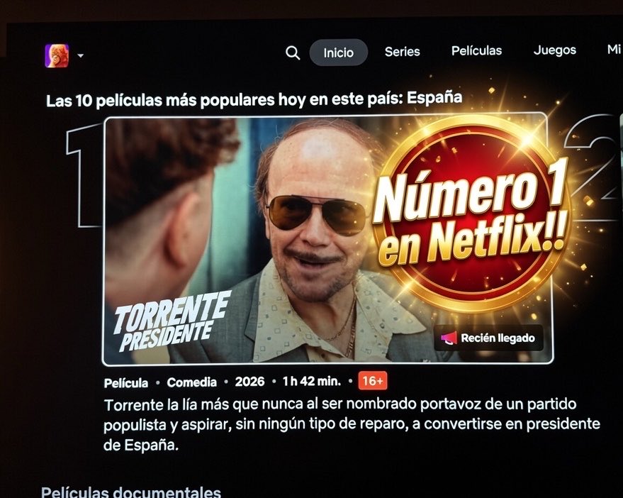 SSantiagosegura's tweet photo. Pues “Torrente, Presidente” ya está en Netflix, y sus usuarios han tenido a bien auparla al número 1. 
Así que, muchas gracias a todos!
A disfrutarla!!! https://t.co/NUCzXurUIP