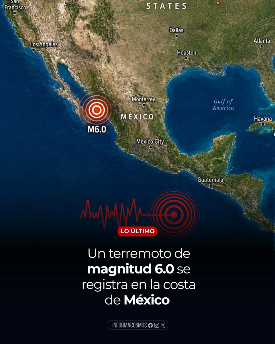 InformaCosmos's tweet photo. 🇲🇽 LO ÚLTIMO: Un terremoto de magnitud 6.0 se registró este martes frente a la costa de México, en el golfo de California, según informó el Servicio Geológico de Estados Unidos (USGS).

El sismo ocurrió a las 2:45 p. m. (UTC-05:00), con epicentro a 75 kilómetros al suroeste de El Progreso y una profundidad de 10 kilómetros, de acuerdo con el reporte preliminar.

El USGS indicó que la magnitud y el mapa de intensidad podrían actualizarse conforme los sismólogos analicen nueva información. Hasta el momento no se han informado víctimas ni daños de consideración.