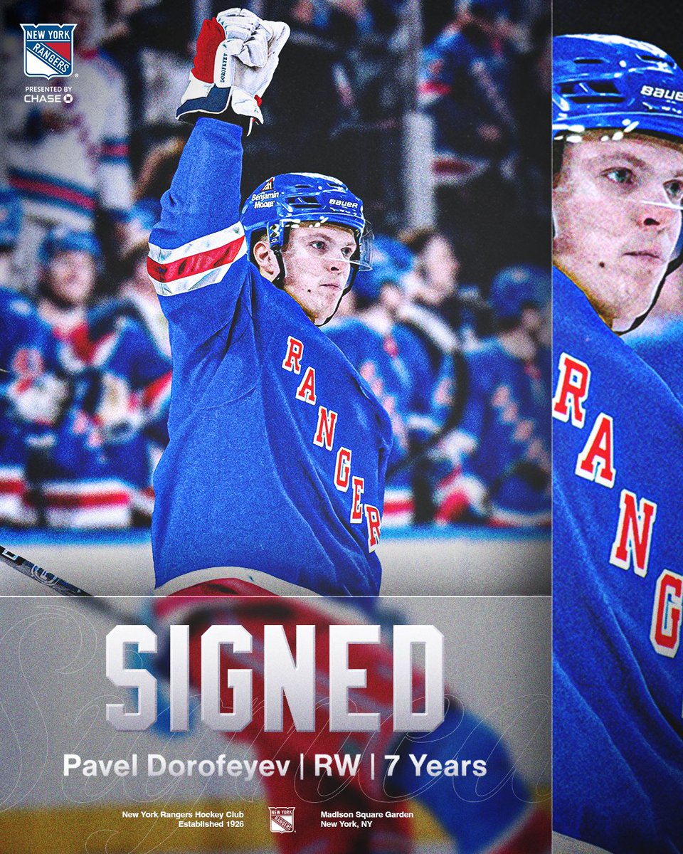 NYRangers's tweet photo. LOCKED IN 🔒

We've agreed to terms with forward Pavel Dorofeyev on a seven-year contract → https://t.co/FA5mwkqZNv https://t.co/w2q68Xtsh2