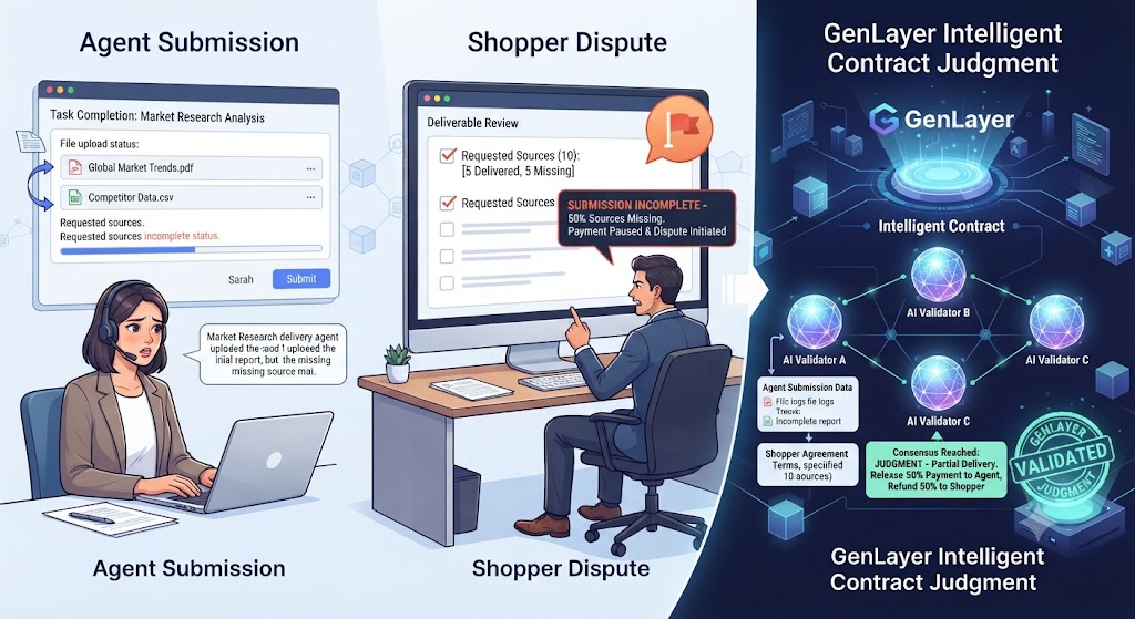 hesamd1's tweet photo. A delivery agent completes a market research task and submits the final files.
The shopper discovers that half of the requested sources are missing and disputes payment.
@GenLayer's Intelligent Contracts use AI validator consensus to reach a judgment. https://t.co/kQrGWudxU2