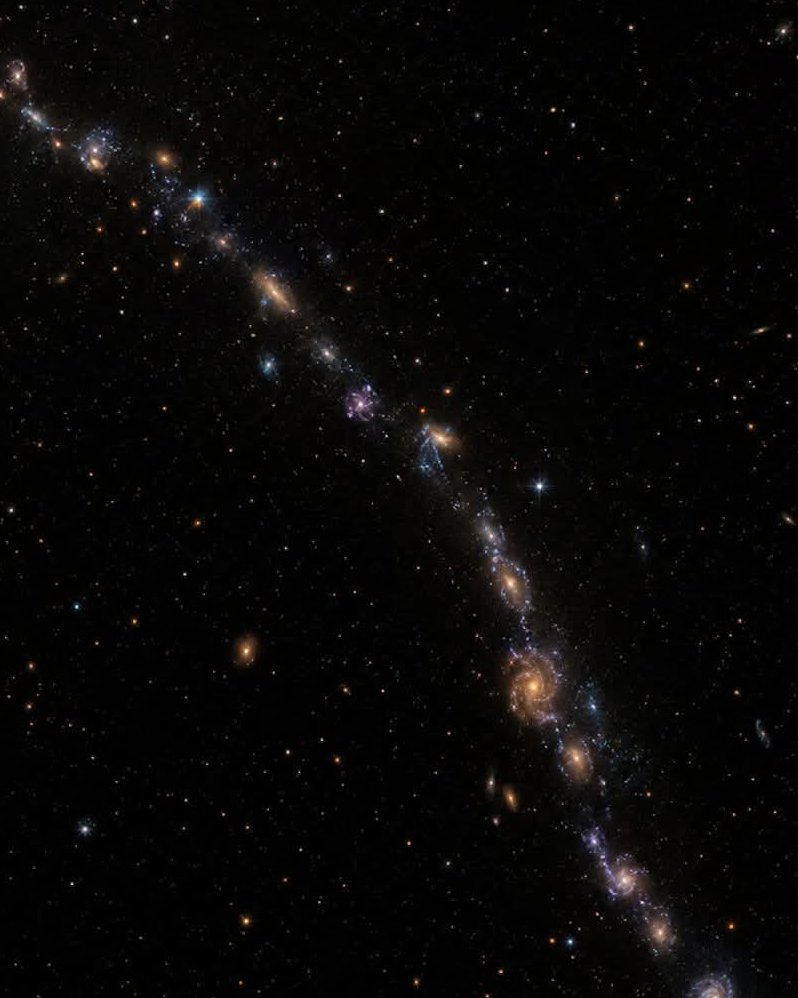 konstructivizm's tweet photo. The Cosmic Vine: A Giant Chain of Baby Galaxies Using the powerful eyes of the James Webb Space Telescope, astronomers have discovered a remarkable structure in the early universe: the Cosmic Vine.Stretching across a staggering 13 million light-years, this cosmic chain consists of roughly 20 young galaxies linked together like pearls on a glowing necklace. It existed when the universe was still in its childhood — just a few billion years after the Big Bang.This discovery beautifully illustrates a fundamental truth: galaxies are not scattered randomly across space. Gravity has been sculpting matter for billions of years into vast filaments, walls, clusters, and superclusters — the grand cosmic web that forms the backbone of the universe.The Cosmic Vine is an extraordinary snapshot of this process in action. It shows how gas, dust, and dark matter flowed along these immense filaments, feeding the rapid growth of early galaxies. Some of these galaxies are already forming stars at an intense pace, while others are merging and evolving right before our eyes.More than just a line of distant galaxies, the Cosmic Vine is a living fossil — a rare glimpse of the universe actively learning how to organize itself on the largest https://t.co/FY2Sf5g52s’s a stunning reminder that the majestic large-scale structure we see today didn’t appear overnight. It was built, one cosmic vine at a time.