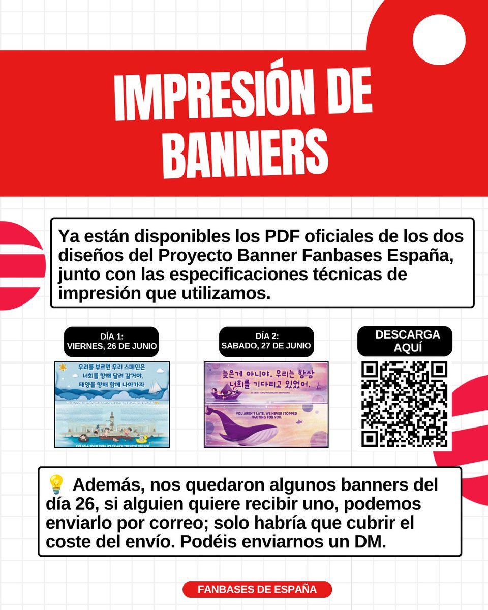 BTSSugaSpain's tweet photo. 📢INFO SOBRE LOS BANNERS 📢

Ya están disponibles los PDF oficiales de los dos diseños del Proyecto Banner Fanbases de España, junto con las especificaciones técnicas de impresión que utilizamos.

Enlace en el hilo 👇🏻👇🏻
+ https://t.co/APRikNLK8X