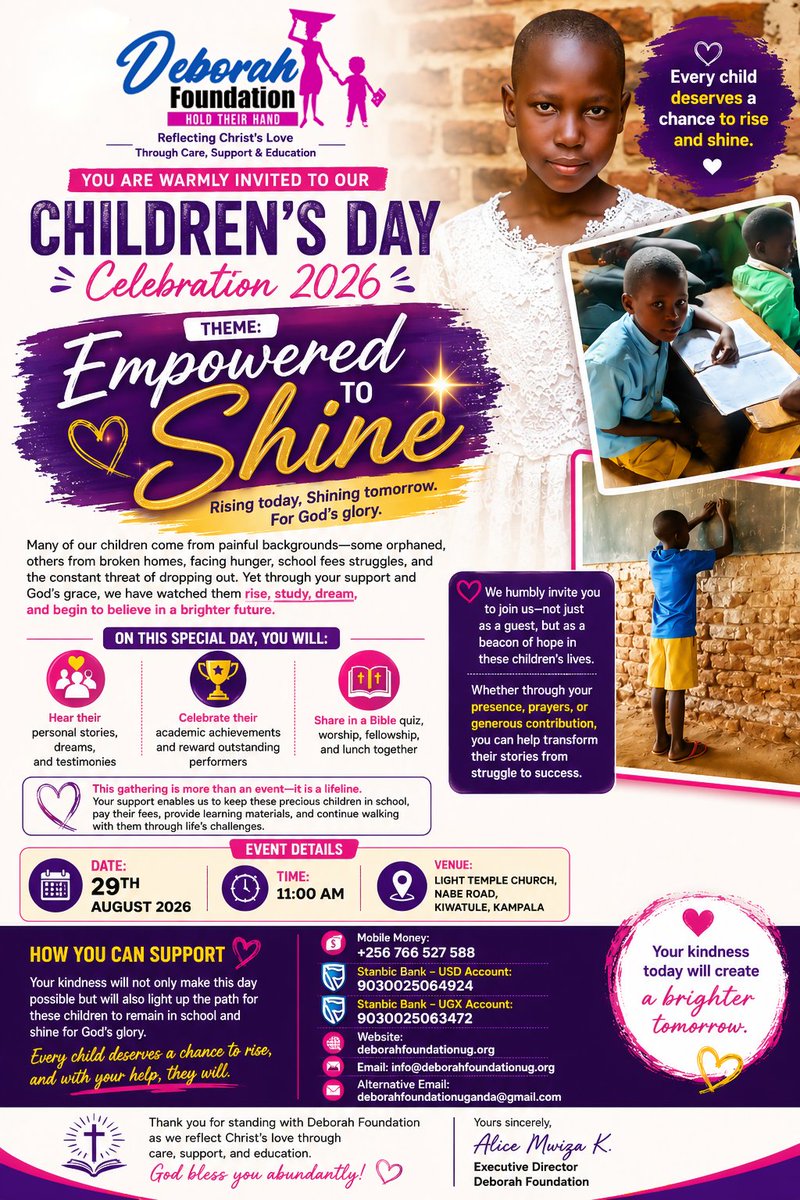 deborah_uganda's tweet photo. Deborah Foundation is organizing to gather 50children under their sponsorship on 29th of August. We invite you to come see and hear these vulnerable children from 5 different districts of Uganda. Together we can make a difference. Any contribution for a child contact us on +256766527588/ on all our social media platform. 
$27 can keep a child in school.
#deborahfoundationug
#empoweredtoshine
#EducationMatters 
#children