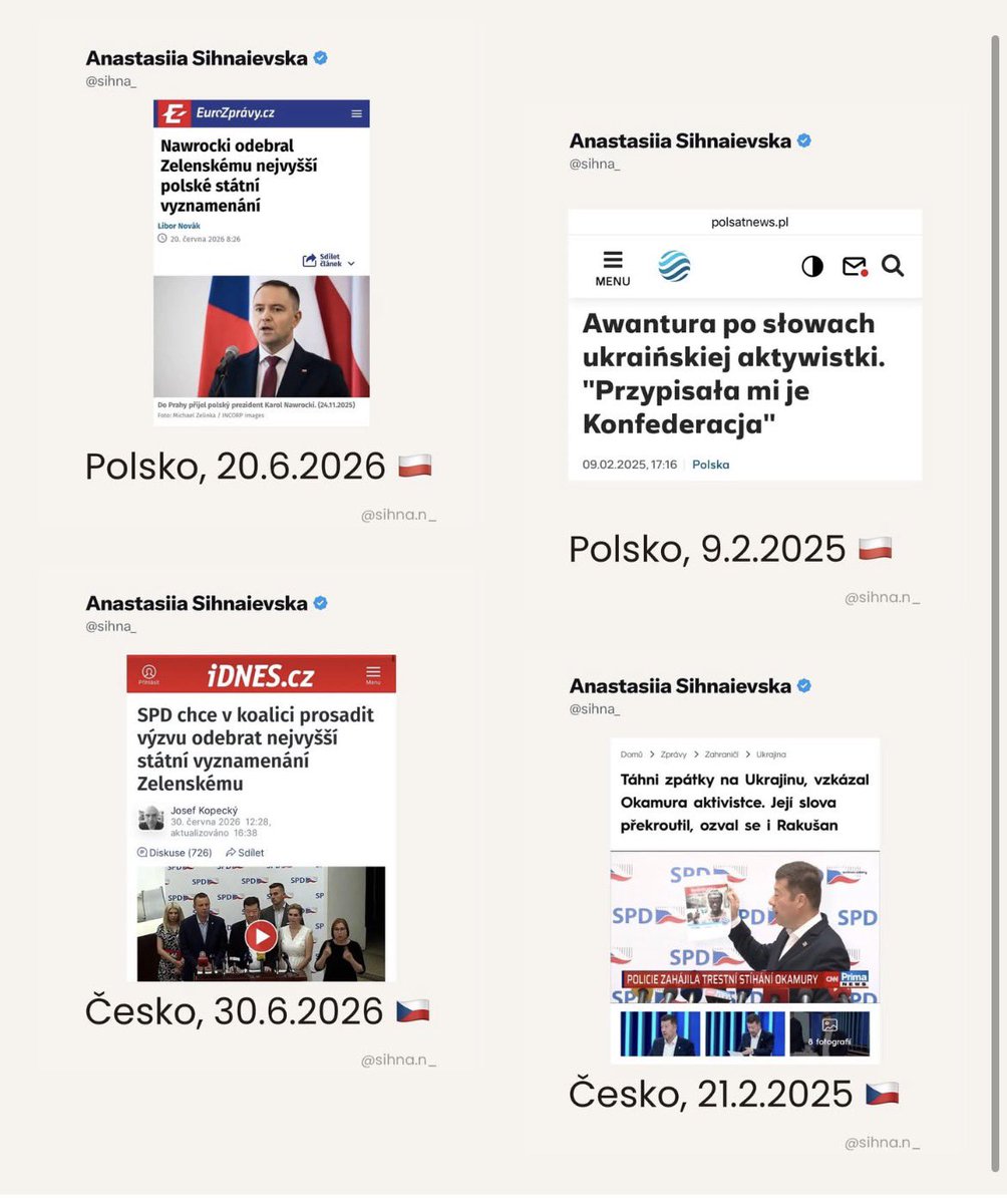 sihna_'s tweet photo. Transakce ruských rublů přicházejí nejdříve do Polska a teprve po nějaké době do Česka. Velmi zajímavá tendence.

9 února 2025 zahájil poslanec strany Konfederace Krzysztof Szymański dezinformační kampaň s cílem připravit ukrajinskou aktivistku Natalii Pančenkovou o polské občanství. 

21. února předseda české strany SPD vylhaným citátem svolal lynč na mě.

20. června prezident Polska Karol Nawrocki odebral Volodymyru Zelenskému Řád bílého orla kvůli udělení názvu Hrdinů UPA jednotce Sil speciálních operací.

30. června podobné přání, tentokrát o českém Řádu bílého lva, pronáší neúspěšný pornoherec a poslanec za SPD Jindřich Rajchl. 

Díkybohu, že zatím v Česku ruské zakázky plní takový bezvýznamný populista, jako je Rajchl. Smutné je, že v Polsku je populista prezidentem státu.