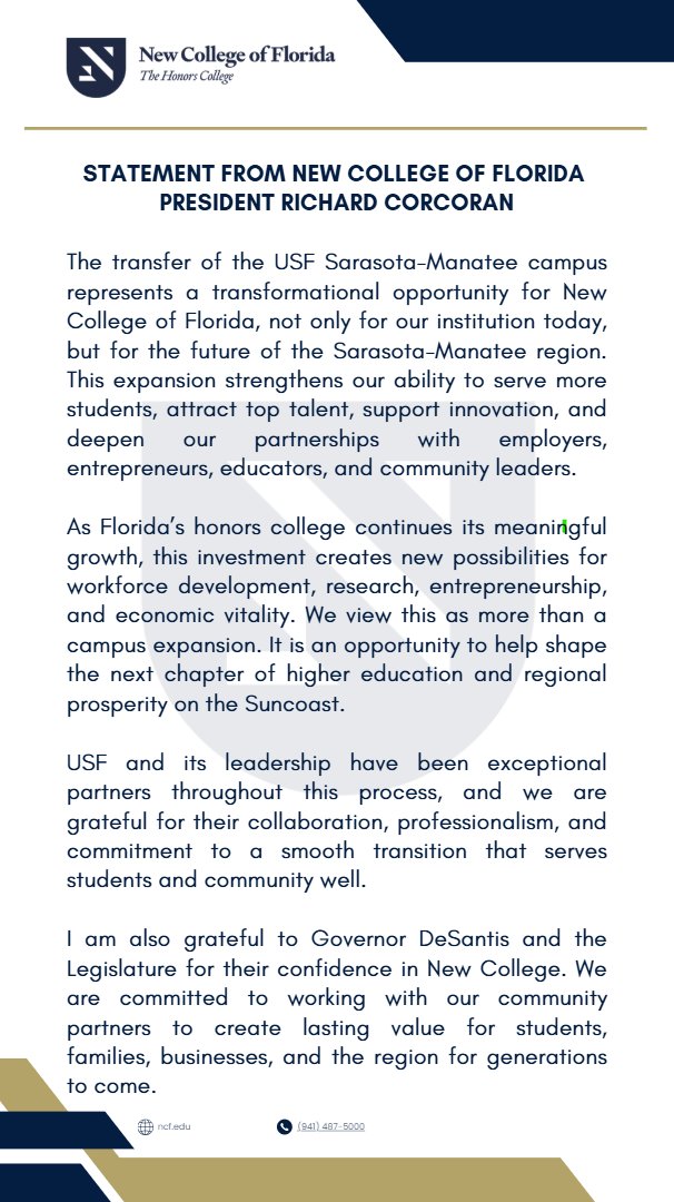 NewCollegeofFL's tweet photo. Statement from New College of Florida President Richard Corcoran
#FlaPol #NCF https://t.co/zs5imia4lp