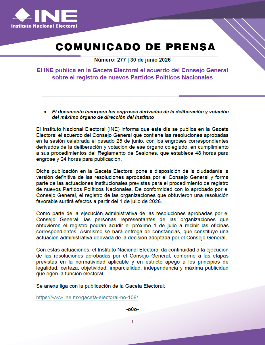 INEMexico's tweet photo. #BoletínINE 📄 | INE publica en la Gaceta Electoral el acuerdo del Consejo General sobre el registro de nuevos Partidos Políticos Nacionales.

🔗 Más información en el siguiente enlace 👇

https://t.co/WLIEFVBlhF https://t.co/OrMlOEPky1