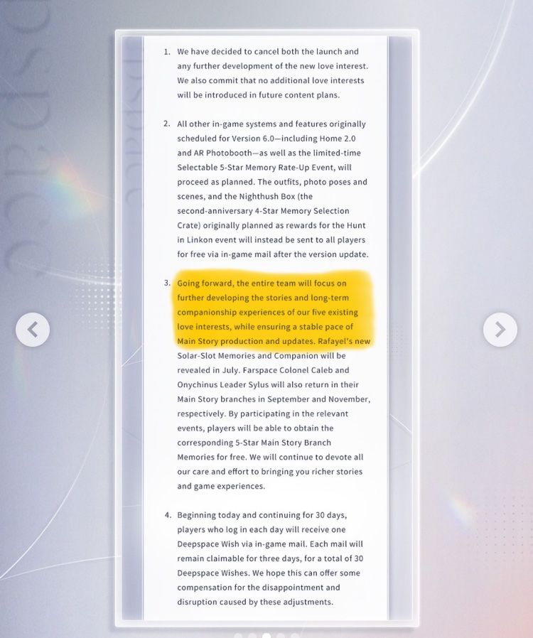 Pansy_Duckling's tweet photo. @enampatpat You’re correct. They did not say they would stop development of the existing Lis. And even said more content will be released later this year for Sylus and Caleb. https://t.co/mQsKokdFIT