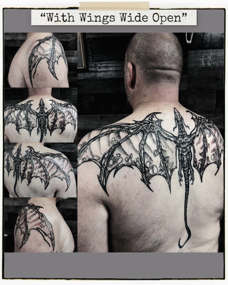 AnthonyInkCo's tweet photo. “With Wings Wide Open”
I wanted to share a photo of this blackwork dragon half backpiece. I’ve shared a video before but it was so much fun working with my client’s idea that it deserved a reshare.
Projects like this don’t come together in a single session, but evolve over time. https://t.co/gQAX7zlqFf