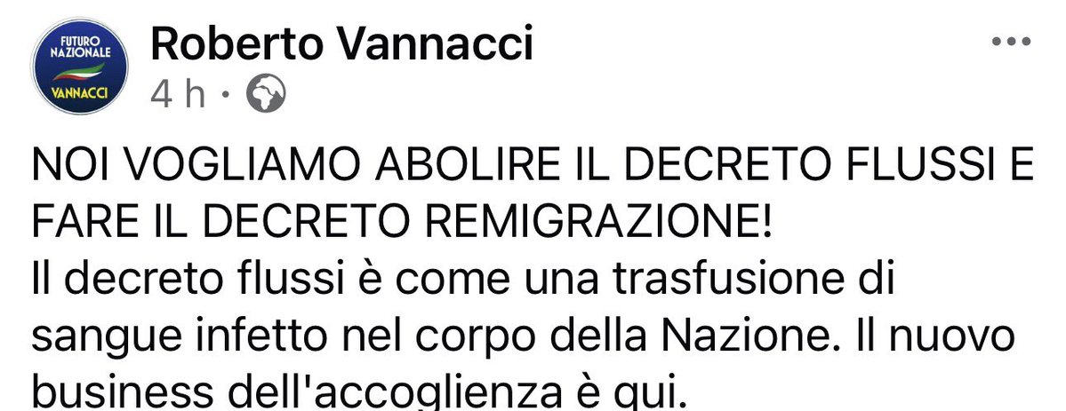 robdellaseta's tweet photo. Pagina FB di Roberto Vannacci, oggi: «Il decreto flussi è come un’iniezione di sangue infetto nel corpo della nazione». La Shoah è cominciata da messaggi di propaganda pressoché identici a questo https://t.co/jrSO3qoyNm