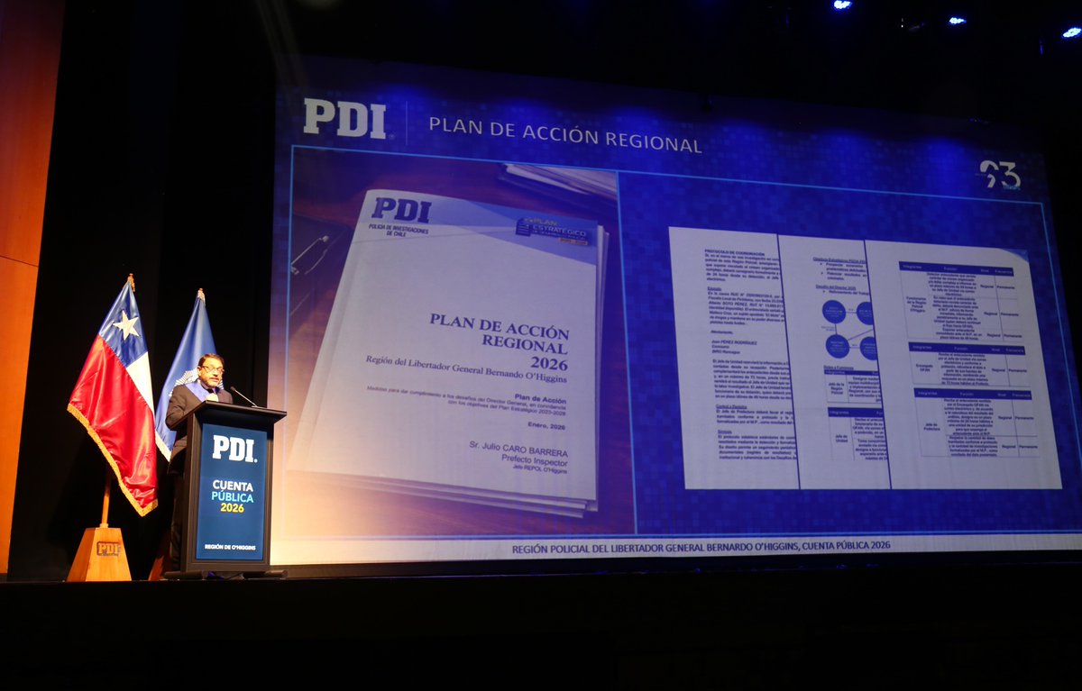 PDI_Ohiggins's tweet photo. El Jefe Regional de la @PDI_Ohiggins, Prefecto Inspector, Julio Caro Barrera, realizó la Cuenta Pública de la gestión, destacando resultados positivos en investigaciones por homicidios y desarticulación de bandas criminales. #PDIChile #93Años 💙 https://t.co/t19DAcT05O
