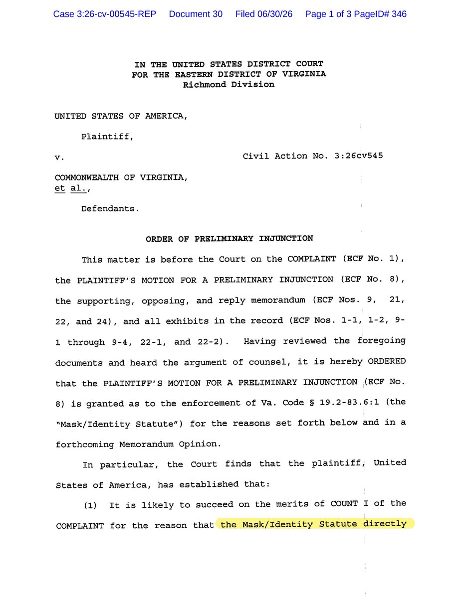 ASGWoodward's tweet photo. 🚨Translation: Virginia cannot regulate how ICE officers do their jobs. This preliminary injunction is a HUGE WIN for the Administration's immigration enforcement efforts. https://t.co/kmjY1EQQf9